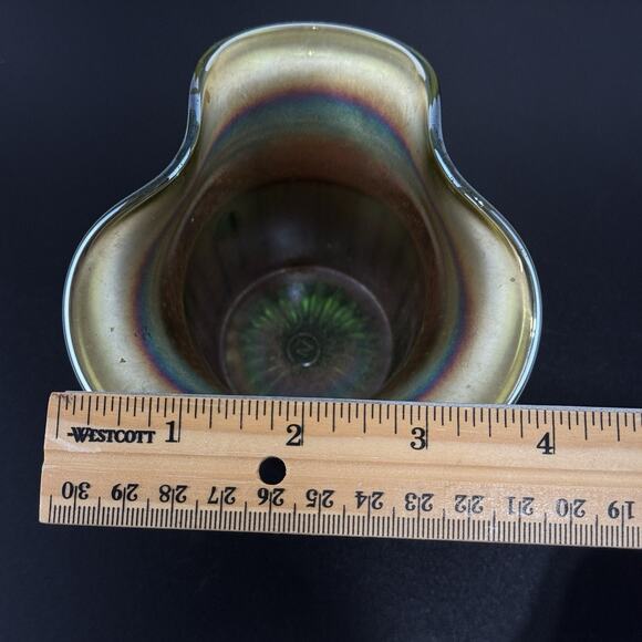 Vintage Northwood Carnival Glass Vase Ruffle Hat Green Iridescent 3.75" Tall - Picture 15 of 15